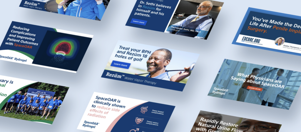 Collage of medical advertisements related to prostate health treatments including SpaceOAR, Rezūm Water Vapor Therapy, and others.